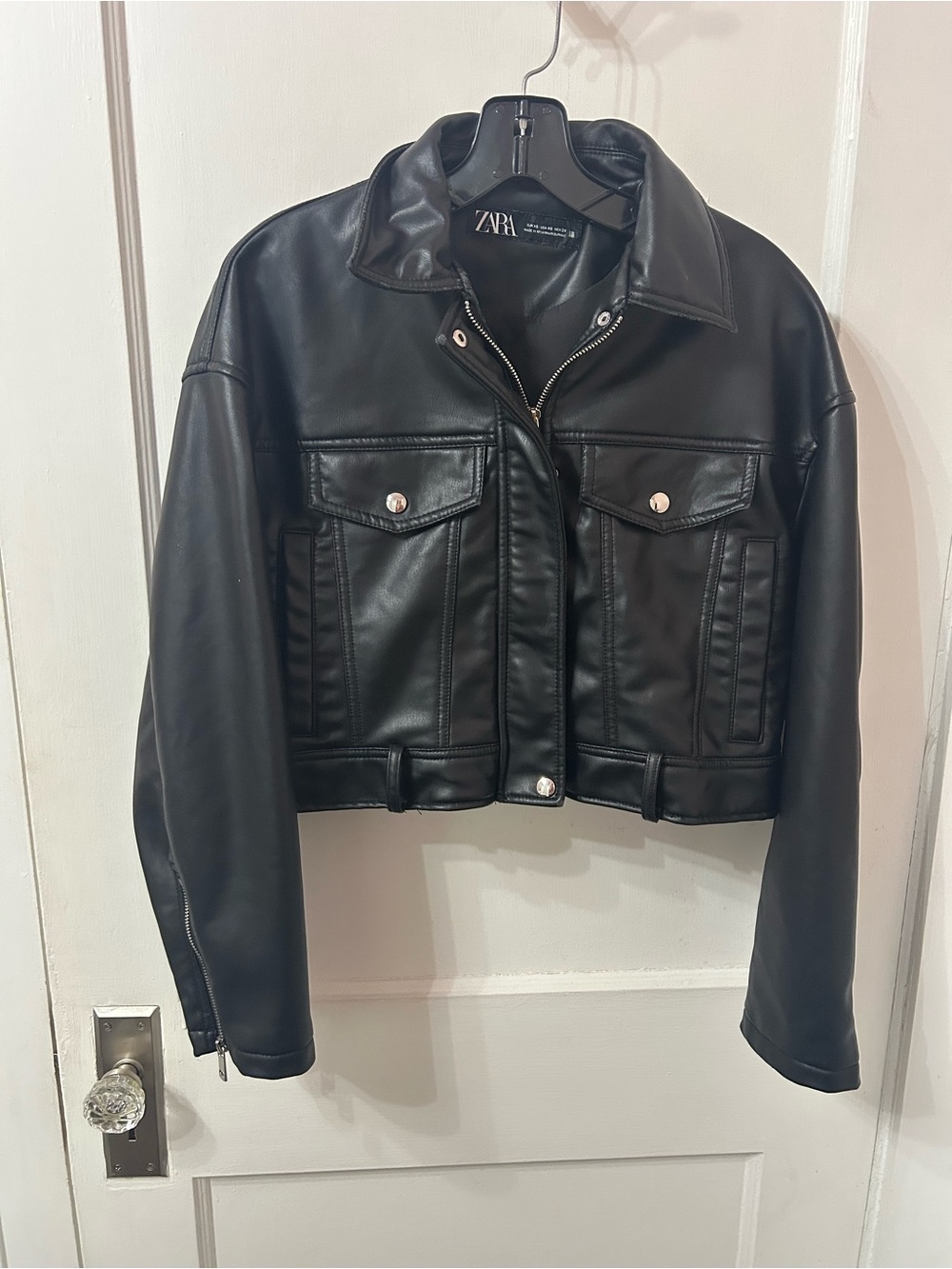Zara Black Faux Leather Cropped Trucker Jacket